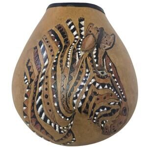 Vintage Gourd Art Vase Hand Painted Zebra African Decor Signed Gladie Niccum 9in